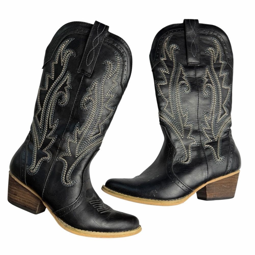 HISEA Black Mid Calf Women’s Western Cowgirl Pointed Toe Boots Size 8.5